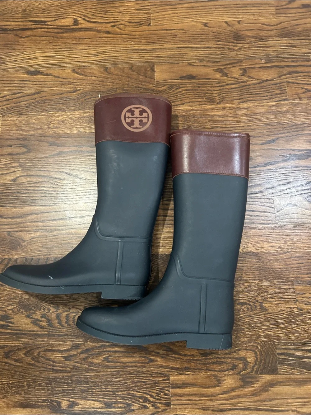Tory Burch Brown and Black Knee Rain Boots with Logo Emblem